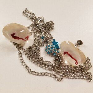 Blue Rhinestone Seahorse Silver Necklace; Vintage Real Seahorse Clip Ons Set